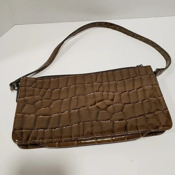 Apostrophe Faux Leather Brown Patent Embossed Croc  Pattern Handbag. - Picture 2 of 6